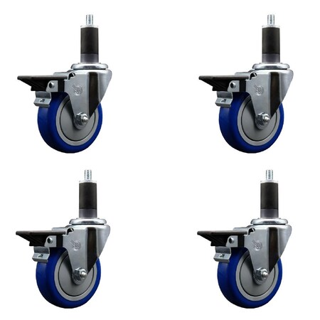 Service Caster 4'' Blue Poly Swivel 1-1/4'' Expanding Stem Caster Set with Brake, 4PK SCC-EX20S414-PPUB-BLUE-PLB-114-4